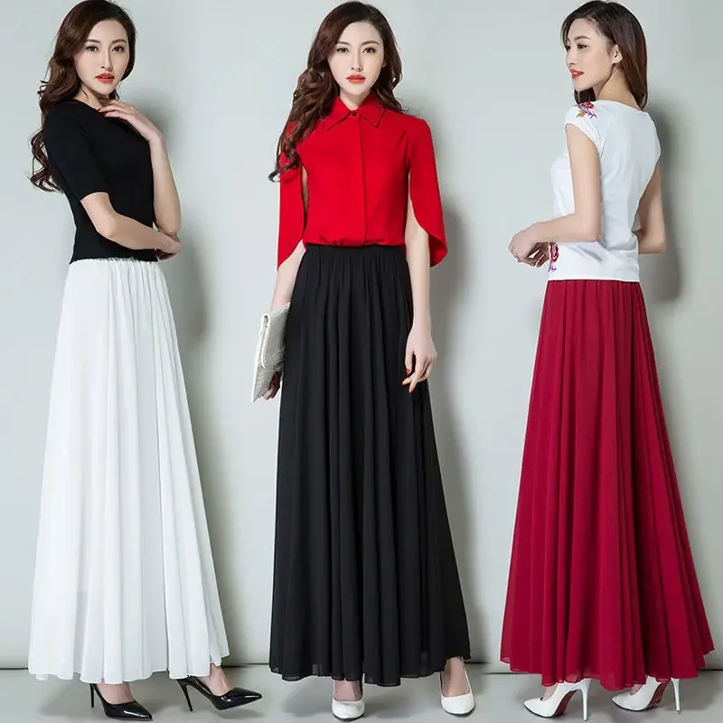 New Summer Chiffon Skirts Plus Size Full-Length Skirt High Waist Elegant Dance Skirt Pink Black Red Navy Blue White Long Skirts