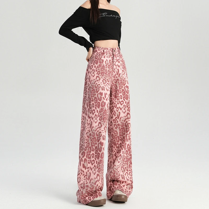 Fashionable and Trending Women's Jeans: Pink Leopard Print Flared High Waist Pants for Autumn