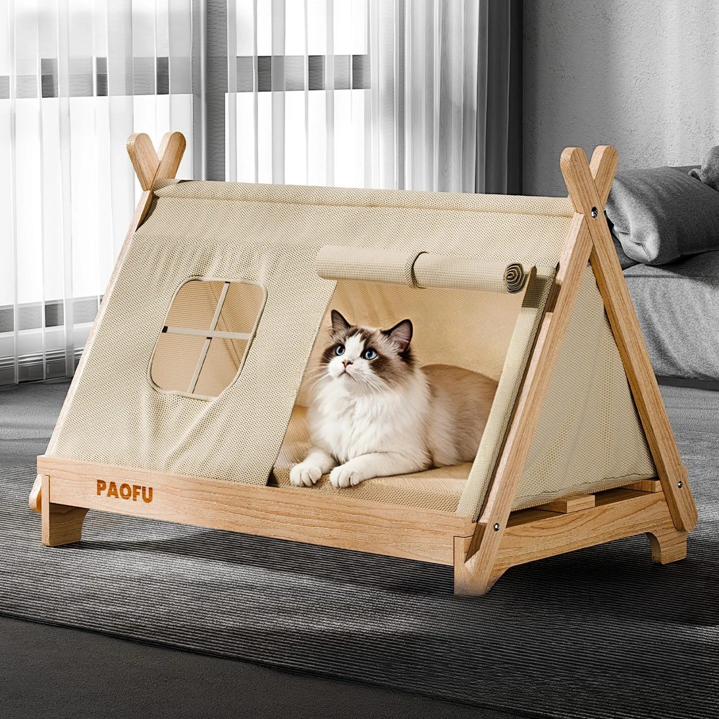 Katzenbett mit Fenster, hölzernes Katzenzeltbett, erhöhtes Haustierhaus, Hundebett mit stabilem Rahmen, Haustierbedarf, sicheres, komfortables Katzenbett