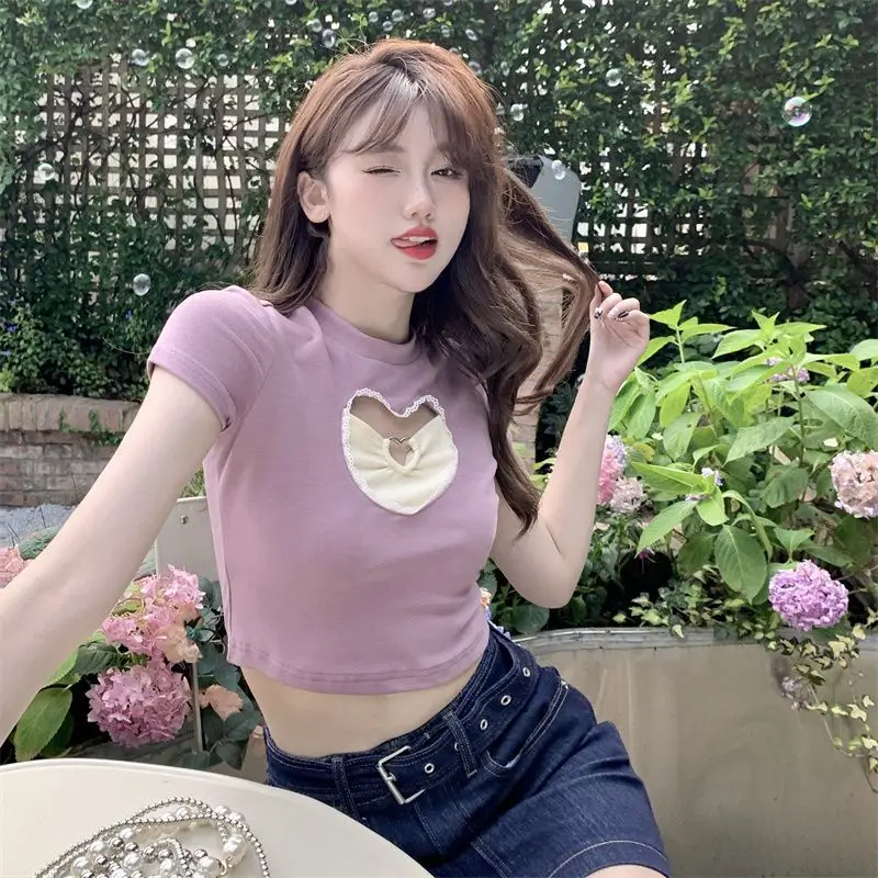 Hollow Out Short Top Women Love Design Sense Patchwork Chic Summer New O-neck Hotsweet Short Sleeve T-shirt Female
