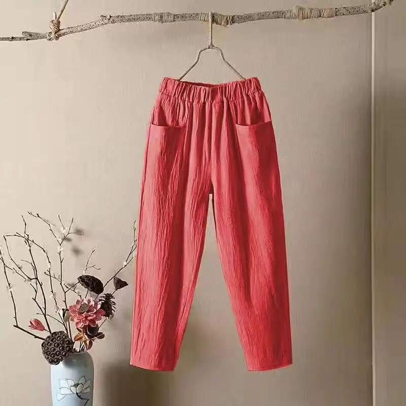 Calça de bolso de linho feminina, confortável, senhoras, simplicidade, monocromática, novo, primavera, outono, calças de cintura elástica