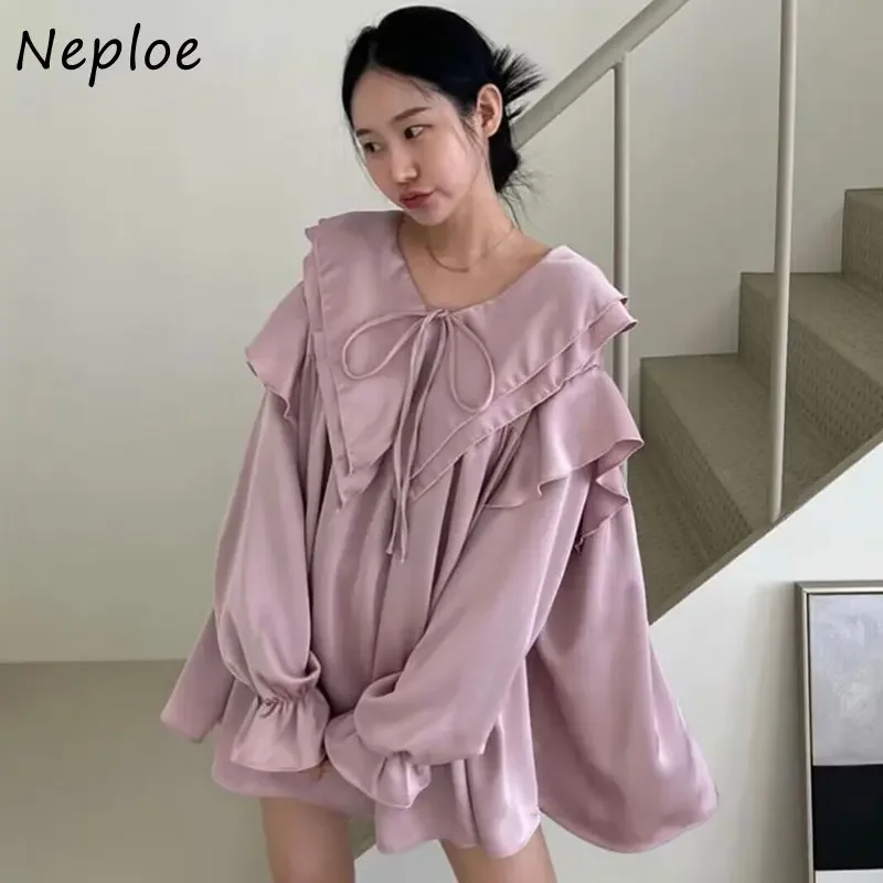 

Neploe Sweet Femme Vestidos 2024, летние корейские короткие платья с утягивающей талией в стиле ретро, свободные двухслойные короткие платья с расклешенными рукавами и бантом