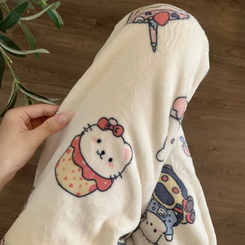 Sanrio Hello Kitty Flannel Pajamas Pants Y2k Girl Warm Woolen Anime Casual Loose Home Pants in Spring Autumn Winter Fashion Pant