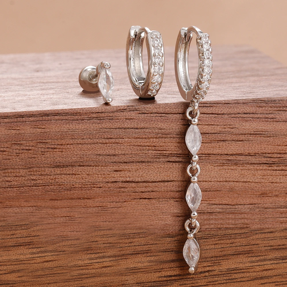 3 قطعة خمر الفولاذ المقاوم للصدأ شرابة هندسية قلادة طقم من الحلقان للنساء مطلية بالذهب الزركون الغضروف ثقب الأذن مجوهرات #6