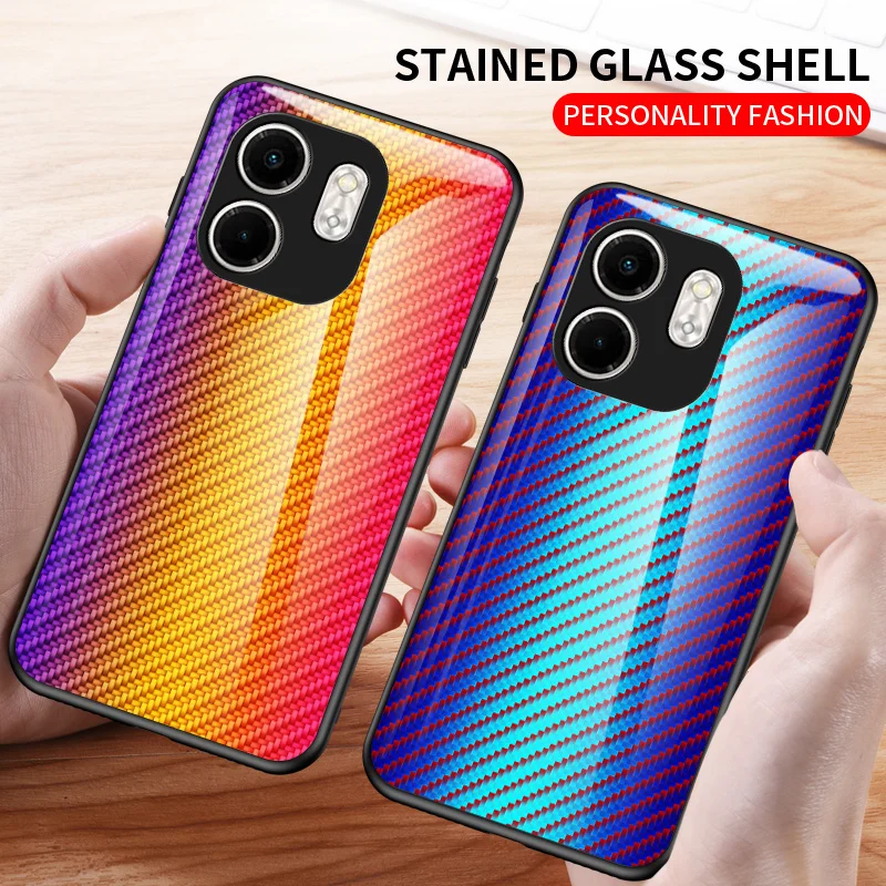 Infinix Hot 50i X6531 X6531B Case Carbon Fiber Grain Tempered Glass Hard Back Cover Phone Case for Infinix Hot 50i X6531 X6531B