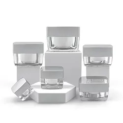 5g 10g 30g 50g Clear Empty Jar Small Square Refillable Bottle Acrylic Pot with Matte Silver Lid Makeup Bottle Jar Face Cream Box