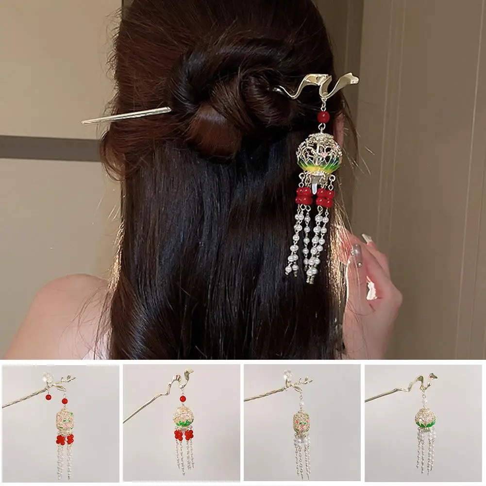 Estilo chinês esmalte Metal flor cabelo varas, Hanfu Hairpin, Pearl Tassel, Shopsticks Acessórios, O9G1