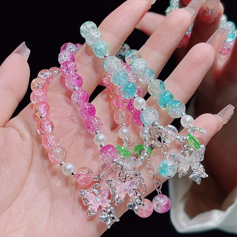 Hot Selling Butterfly Shape Ice Cracking Crystal Beaded Strand Hand Bracelets for Women Girls Student Low Price Jewelry YBR1171