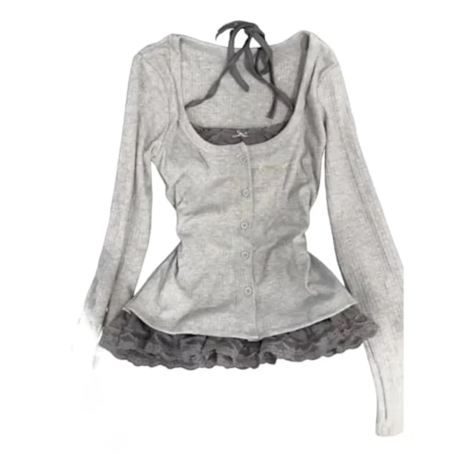

Fake 2 Pcs Halter Lace Top Women Vintage Grunge 2000s Mcbling Tshirts 90s Long Sleeve Streetwear Y2k Shirts