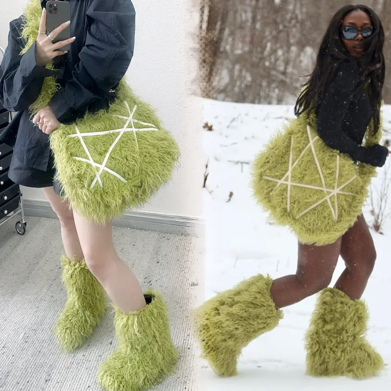 

Winter New Women's Boots Trendy Plush Tote Bag Warm Snow Boots Imitation Fur Beach Wool Velvet Women's Boot Bag Set Women Shoes
