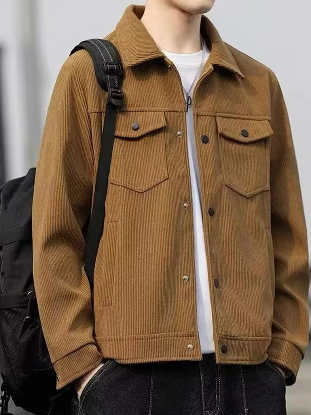 

Trendy Corduroy Men's Jaet Loose Fit Casual Youth Outerwear Windproof Spring Autumn Flip Collar ket Detail No Brand