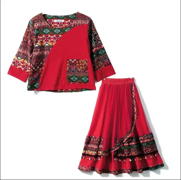 فستان نسائي عرقي صيني مطبوع بدلة صيفية عتيقة على الطراز الرعوي الأحمر