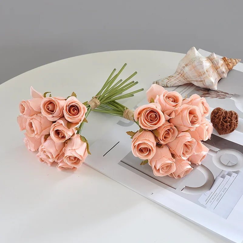 12 Hand Artificial Roses Buds Fake Flowers Wedding Home Decoration Wedding Holding Roses Living Room Decoration Ornaments