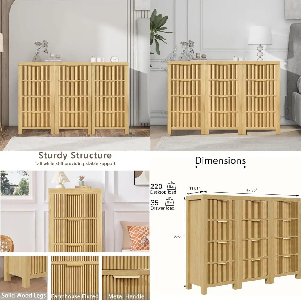 

Элегантный деревянный комод с 12 ящиками и рифлеными передними и золотыми ручками для хранения в прихожей