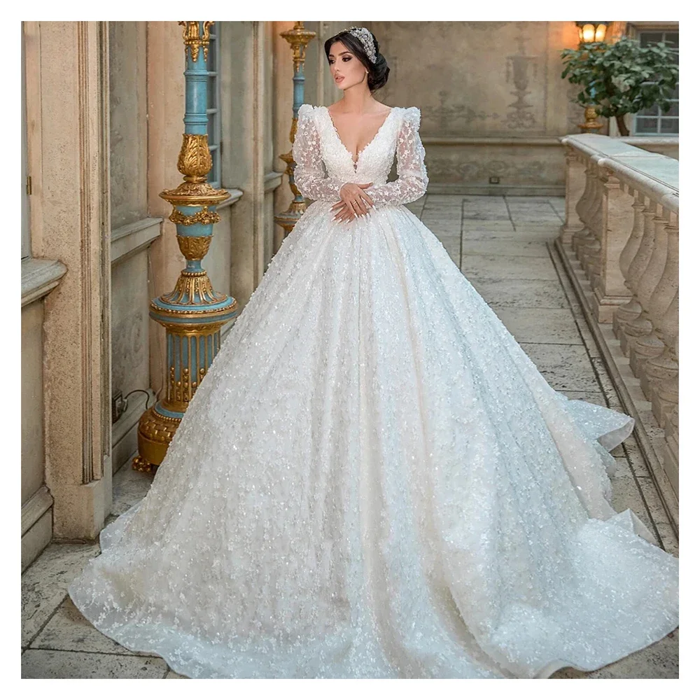 Customized2025 Gorgeous White V Neck Full Sleeves Wedding Dress Lace Applique Sequin Beaded Bridal Gown Princess Bride Dresses