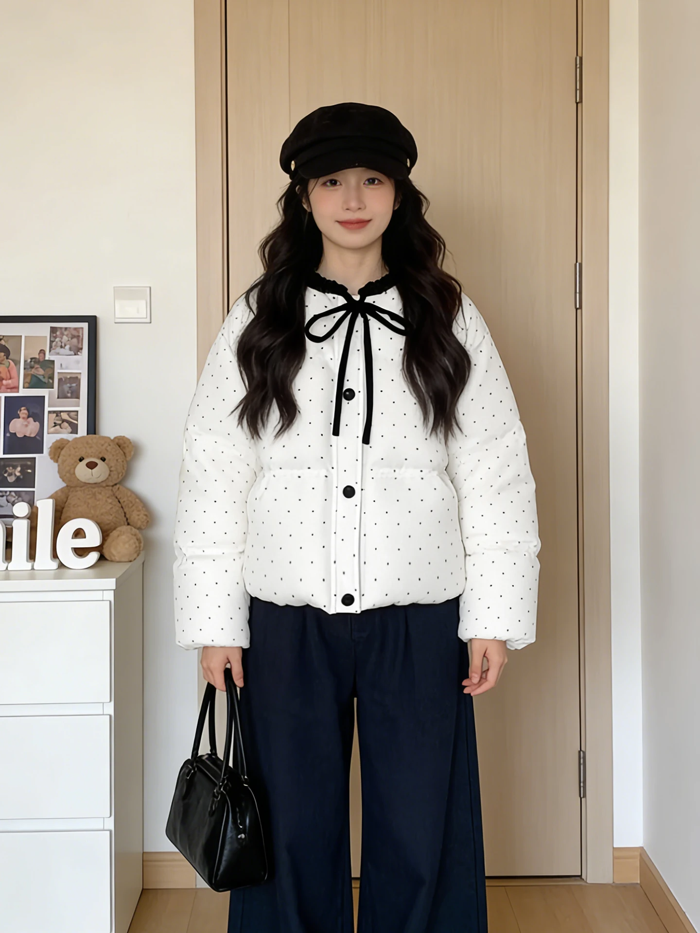 

Korean Sle Polka Dot Thiened Warm ort Coat for Women with Bow Tie Winter Outerwear Small Size Commuter Cotton Jaet