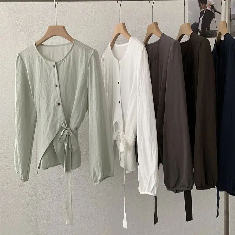 

Asymmetric Lace-Up Women's Shirt Long Sleeve Designer Loose Fit Solid Color Top Trendy Single-Breasted Early Autumn Office Wear