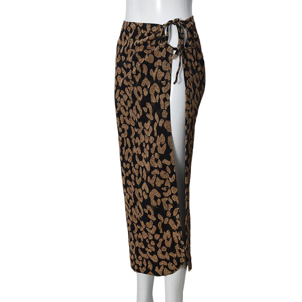 DSMTRC – jupe Maxi imprimée léopard pour femmes, Sexy, minuit, robe fendue haute, tendance, extensible, slim, Streetwear, moulante, à lacets, été