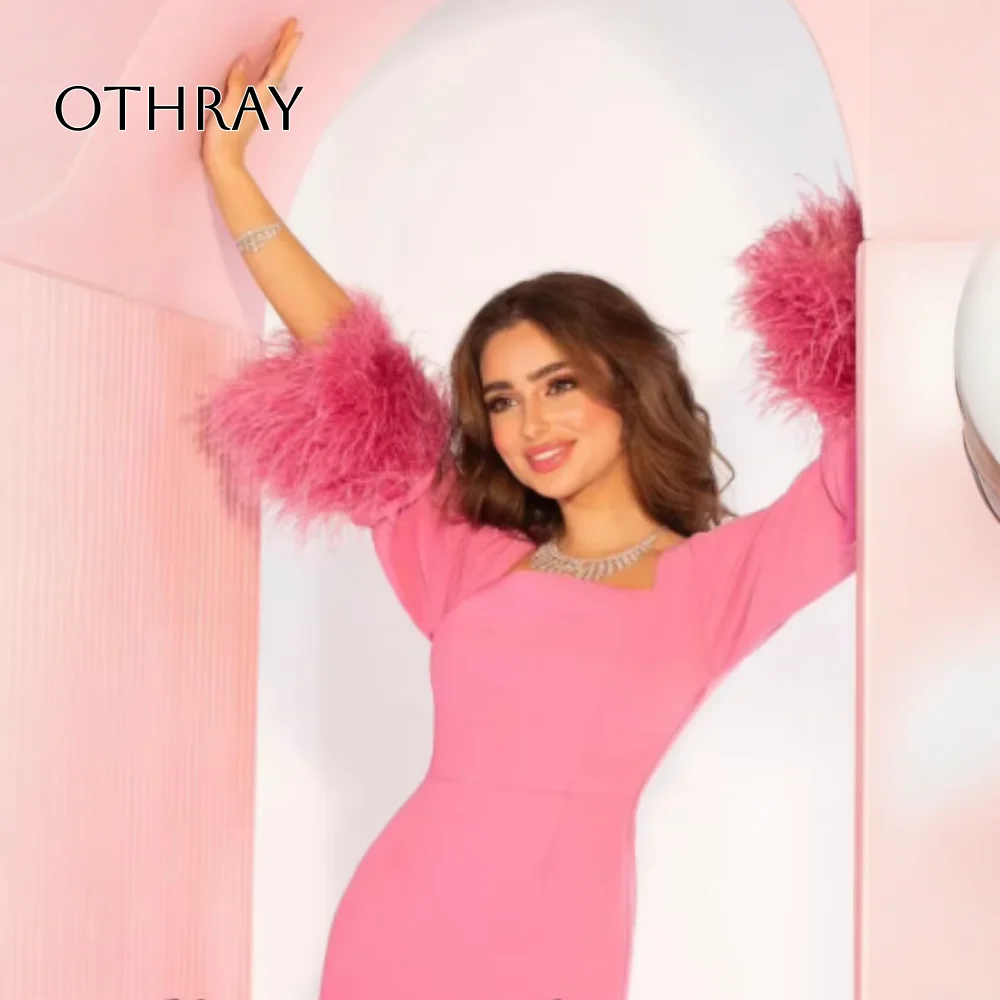 Othray quadrado pescoço manga longa fenda feminino elegante formal festa vestido de noite vestidos de gala rosa vestido de baile penas