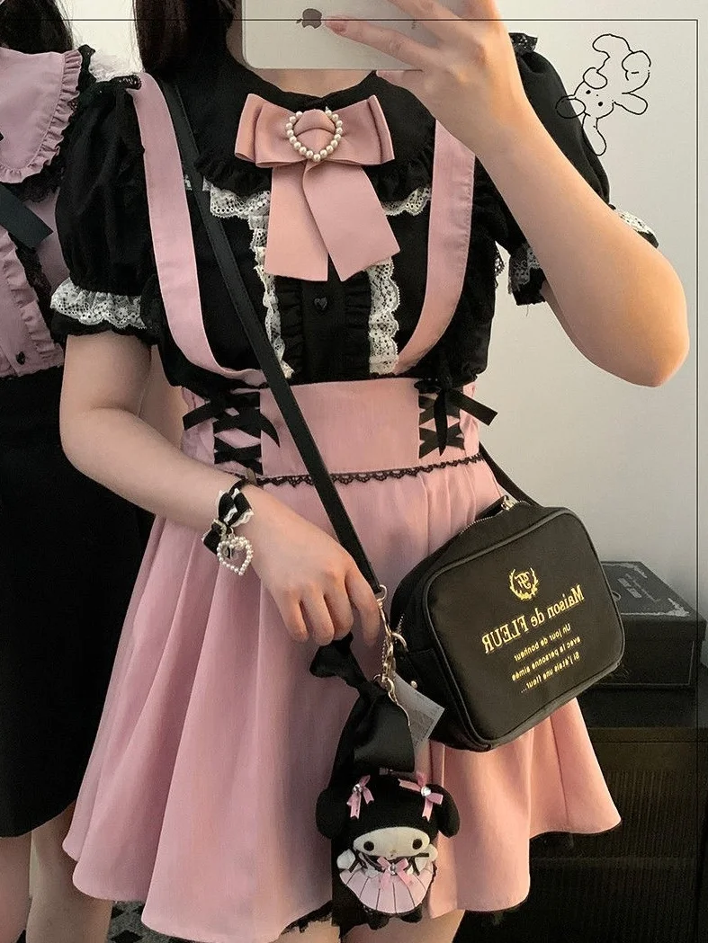 

Harajuku Sweet Girl Production pe Bla Pink Doll Collar Heart Collar irt Top Lace Strap Dr Set Polyester Material