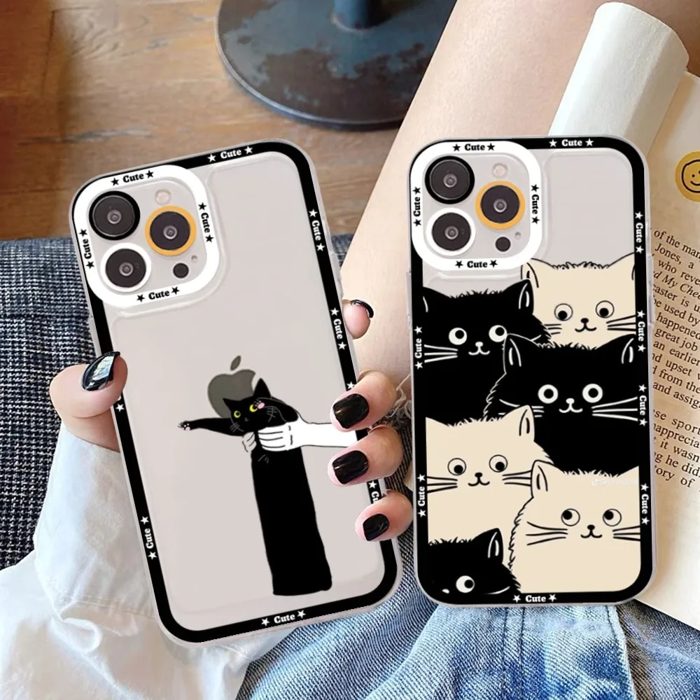 Black Cat Cartoon Cute Phone Case For Samsung S 20 21 22 23 Lite Plus Ultra Clear Mobile Cover Funda