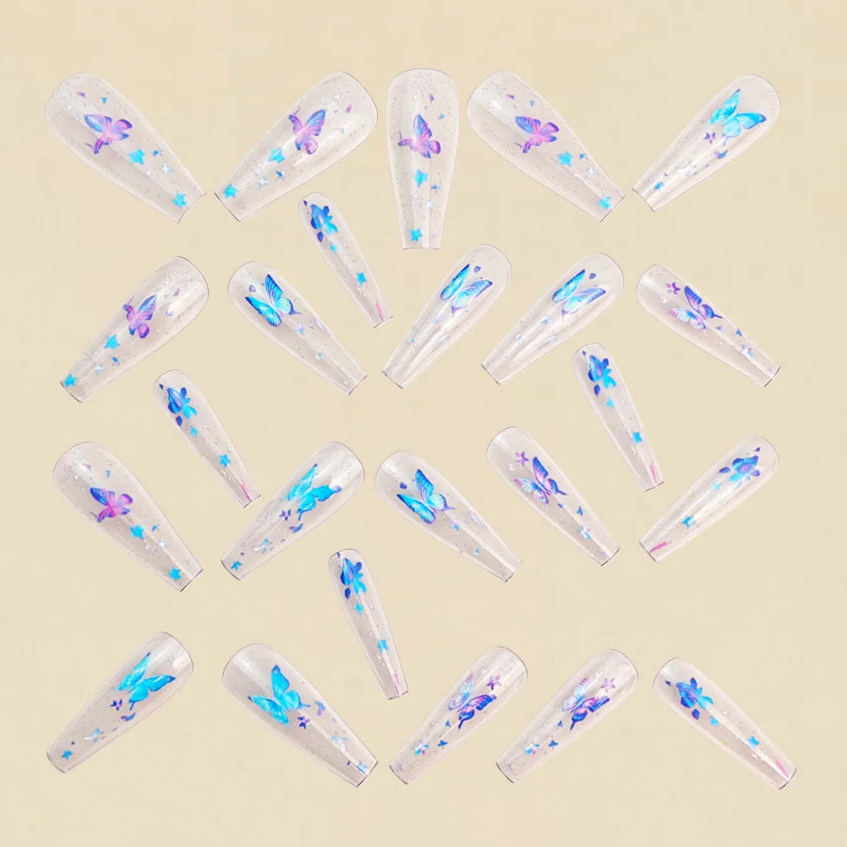 Medium Fake Nails for Women Gilrs Half Clear Ballet Nail Tips Gradient Purple Blue Butterfly Design Full Cover Press On Nail Set view 4