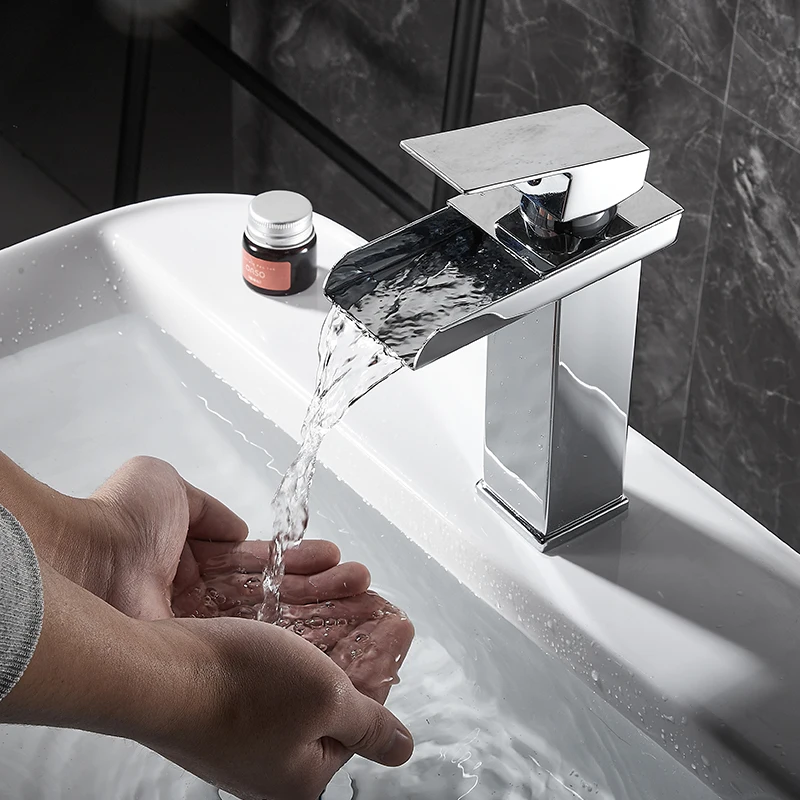 Black Waterfall Basin Sink Faucet Tall Bathroom Mixer Tap Wide Spout Vessel Sink Fauet Hot Cold Water Tap