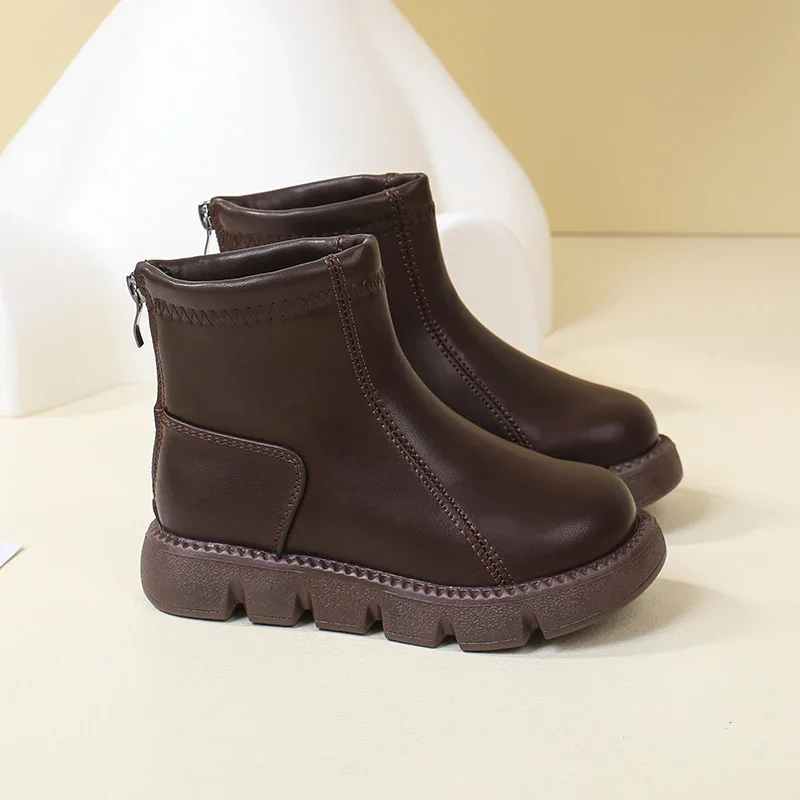 Winter Children\'s Boots Black Brown Versatile Girls Platform Ankle Boots Simple Classic Kids Fashion Causal Plush Boots Zipper