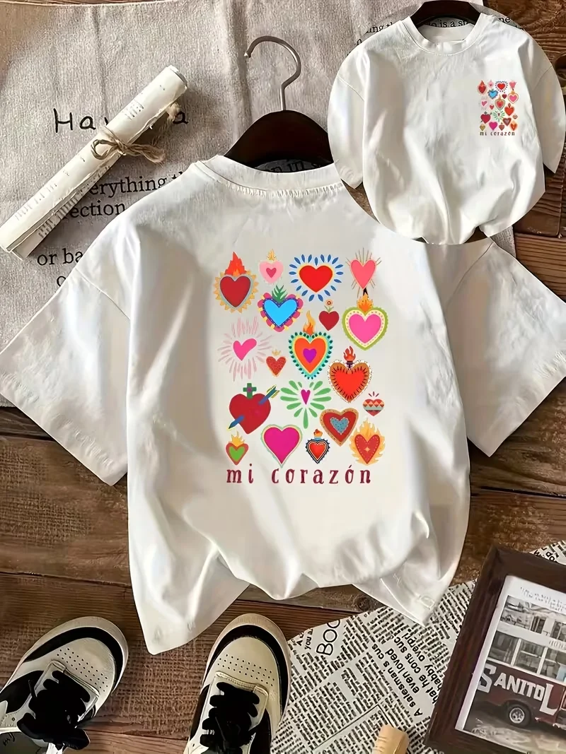 Mi Corazón Mexican Heart Print T-Shirt for Women, Front & Back Design, Casual Crew Neck Short Sleeve, Boho Love Statement Tee