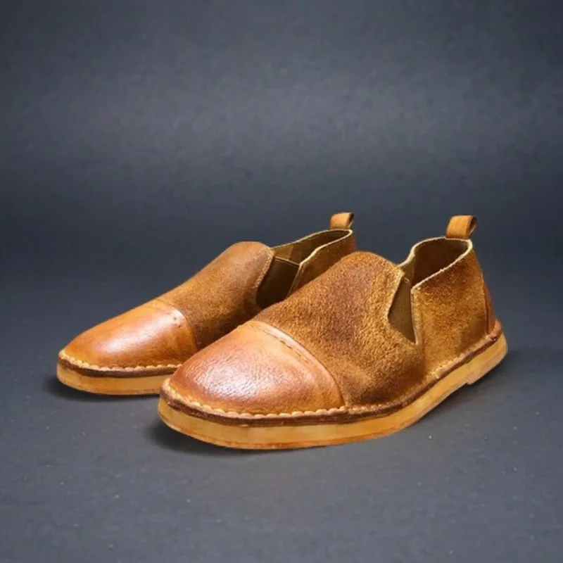 

Handmade British Genuine Leather Flat Fisherman Shoes Men's Slip on Round Toe Low-Top Comfortable Loafers Male Work Shoes