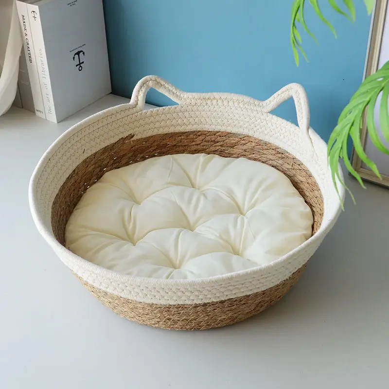 OUZEY Rotan Geweven Kattenmand Met Kussen Zacht Warm Comfortabel Slaapmand Voor Katten Vier Seizoenen Puppy Kitten Bed