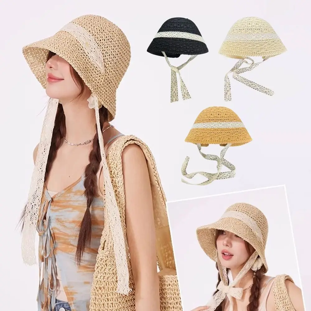 

Versatile Handmade Straw Fisherman Hat Lace Edge Face Covering Sun Protection Hat Thin Foldable Basin Hat Outdoor
