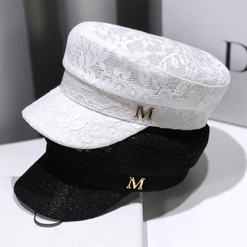 

New Women's Lace Military Hat Spring and Summer Fashion Casual French Beret Octagonal Hat Bride Captain Hat