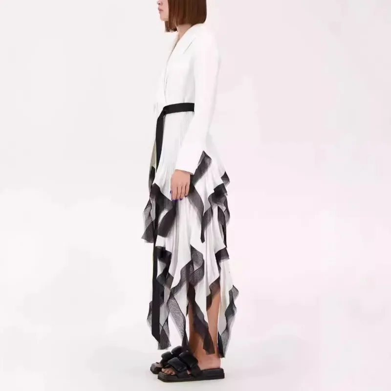 HKSH 秋の新女性トレンディなロングドレスニッチデザイン非対称プリーツフリルパッチワークブレザーエレガントでスタイリッシュなドレス HK10050