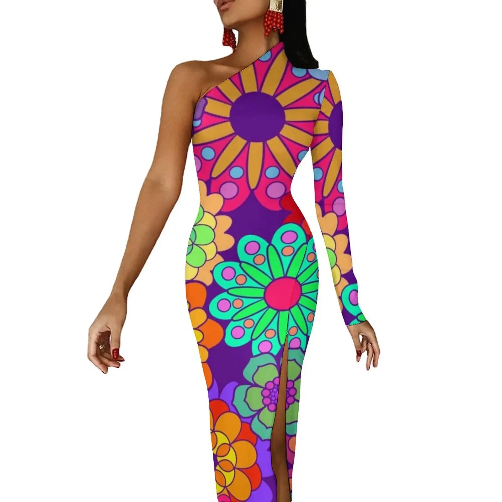 70S Flower Power Maxi Dress One Shoulder Retro Hippy Print Party Bodycon Dresses Spring Retro Dress Female Pattern Vestido