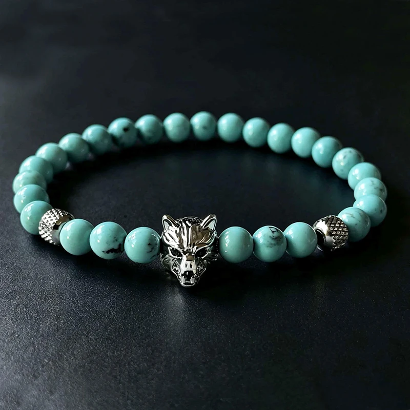 Luxury Natural Turquoise Stone Crown Leopard Head Charms Men Beaded Bracelets Jewelry Gift