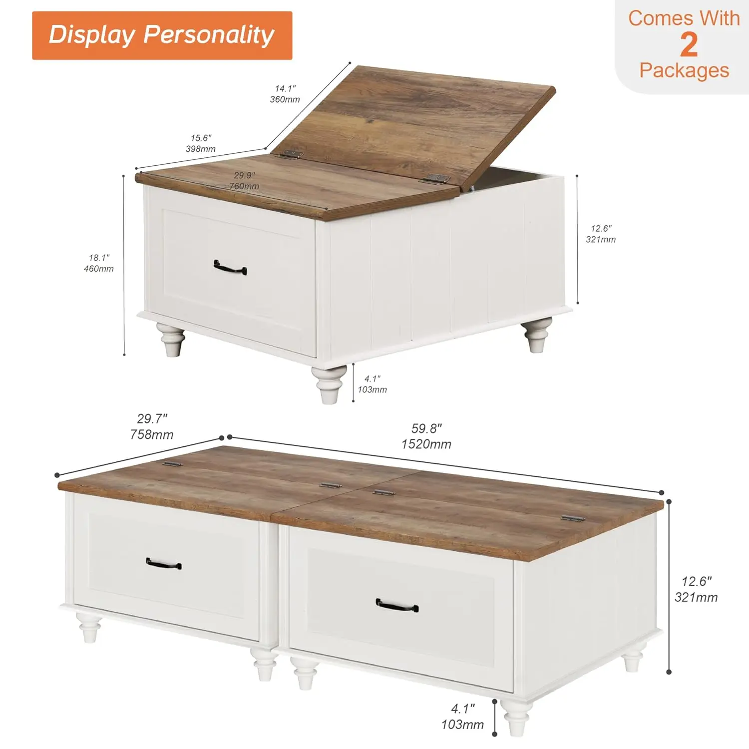 Farmhouse Coffee Table With Storage, Set Of 2 Square Coffee Table With Lift Top & Drawers For Living Room, Wooden, Customized