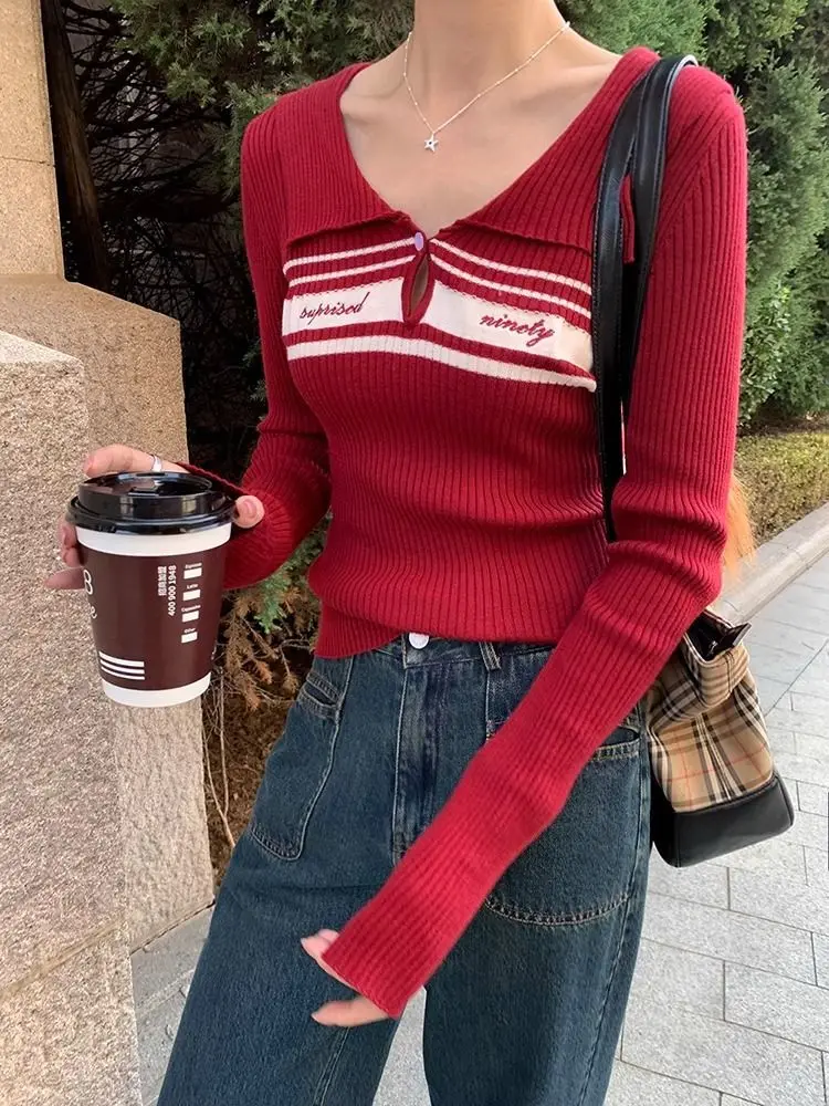 

Gentle Letter Embroidery Knitted Pullover Women 2025 Autumn Winter Slim Fit Versatile Long Sleeve Base Sweater Y2k Tops