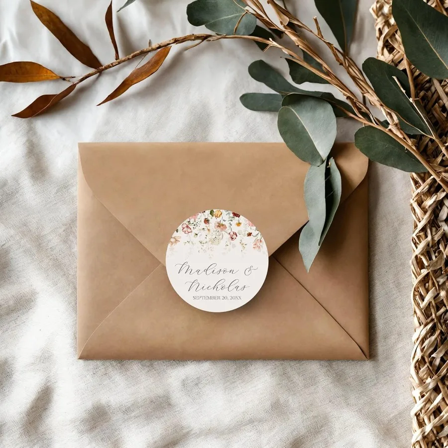 ملصقات زفاف زهرية مخصصة مع اختيارك من 30 أنماط زهرة - قم بتخصيص الخط واختيار واحد من خمسة فرا مسبقة الصنع #3