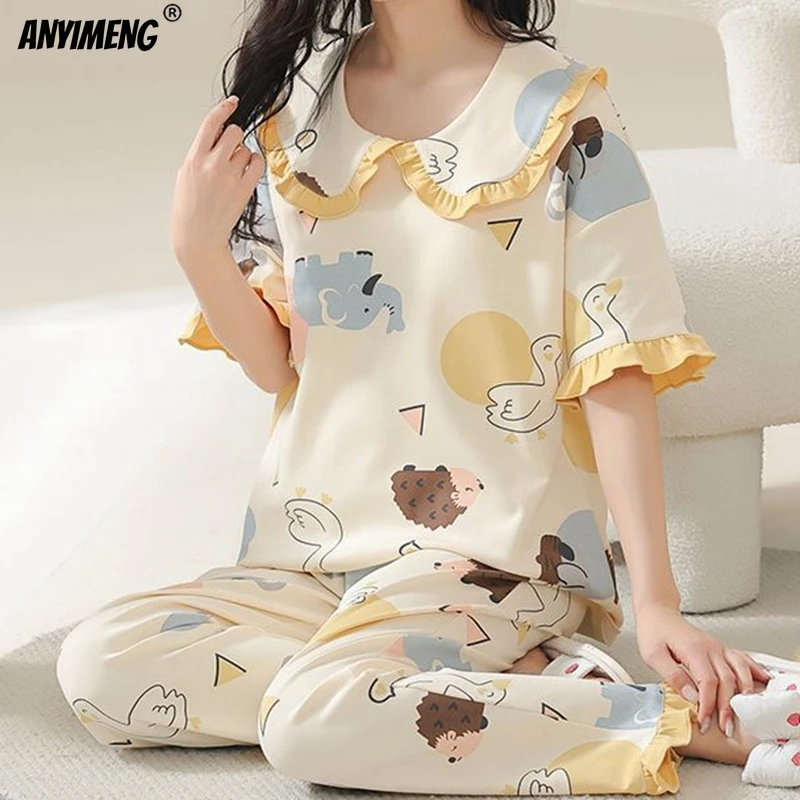 Plus Size M-5XL Leisure Sleepwear Korean Pijamas for Girl Summer Cotton Women Pajamas Set Women\'s Pajama Short Sleeves Nightwear