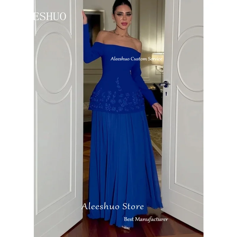 モダンシフォンブルーイブニングドレスセクシーなプリーツアップリケオフショルダーフォーマル長袖床長さのプロムドレスカスタマイズ