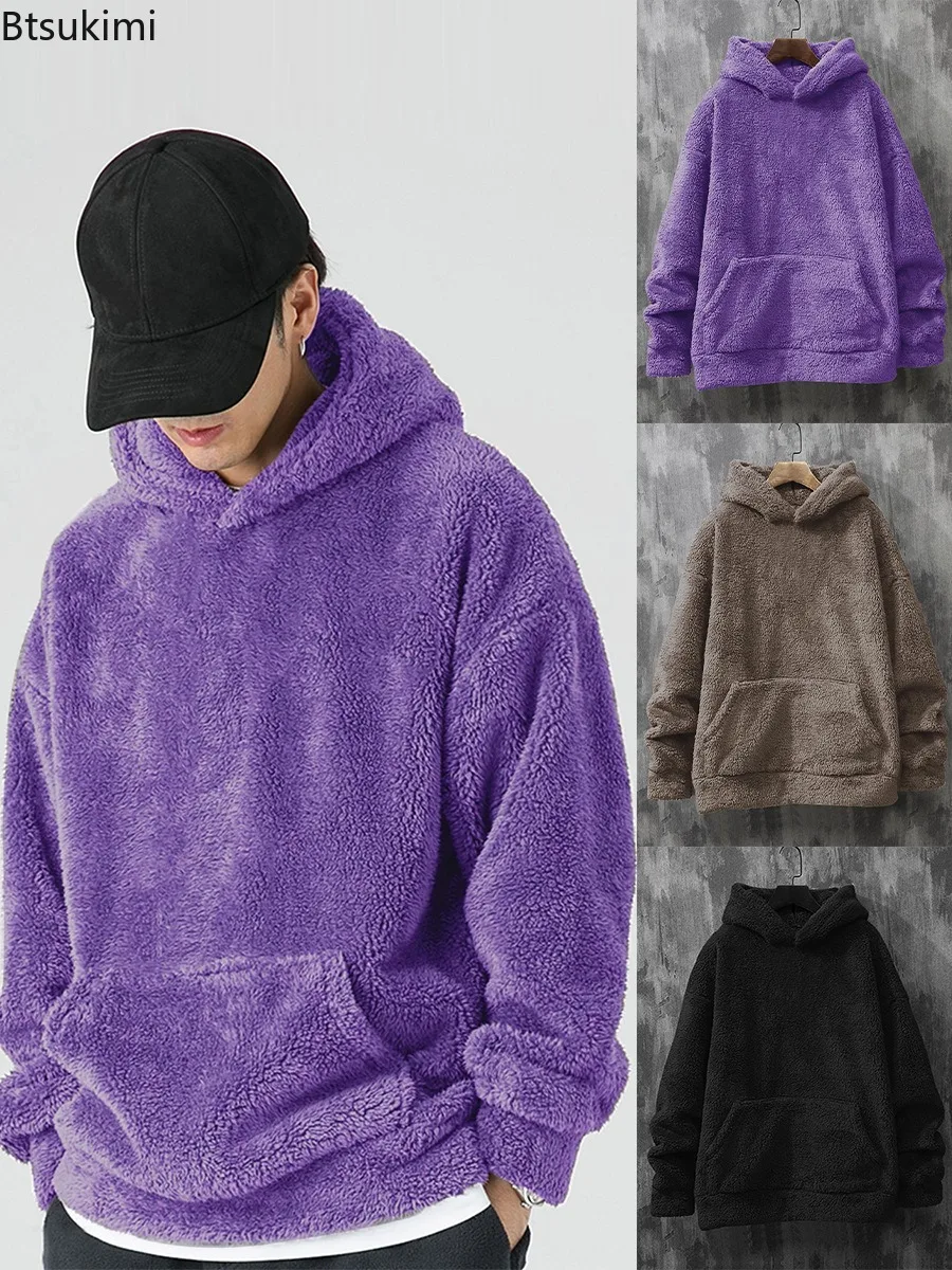 

New Men's Long Sleeved Coral Velvet Hoodies Autumn Winter Fashion Casual Sweatshirts Solid Soft Thicken Warm Hooded Tops for Men