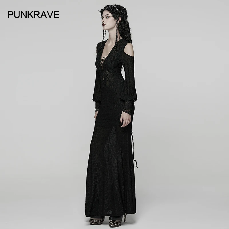 PUNK RAVE femmes élégant Goth délicat dentelle col en v cordon robe transparente charme Sexy évider Romance fête longues robes