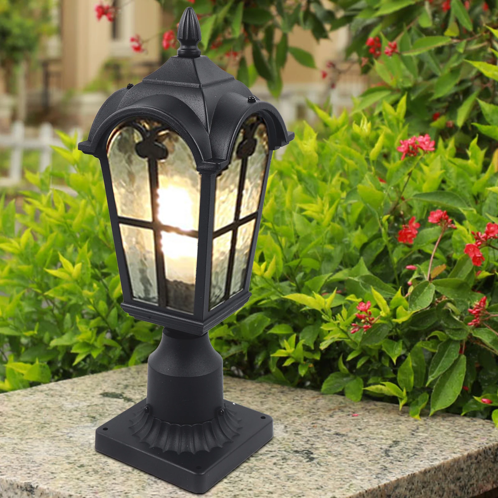 Outdoor Post Light Fixture Black Modern Exterior Pole Lantern with Mount Base for Garden Patio Pathway