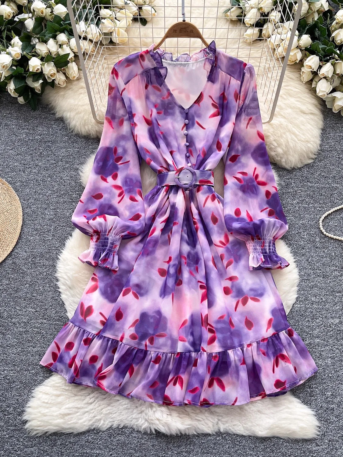 الخريف خمر المرأة المطبوعة فستان قصير أنيق فانوس كم طويل كشكش الخامس الرقبة ألف خط Vestidos عطلة الشاطئ موضة جديدة