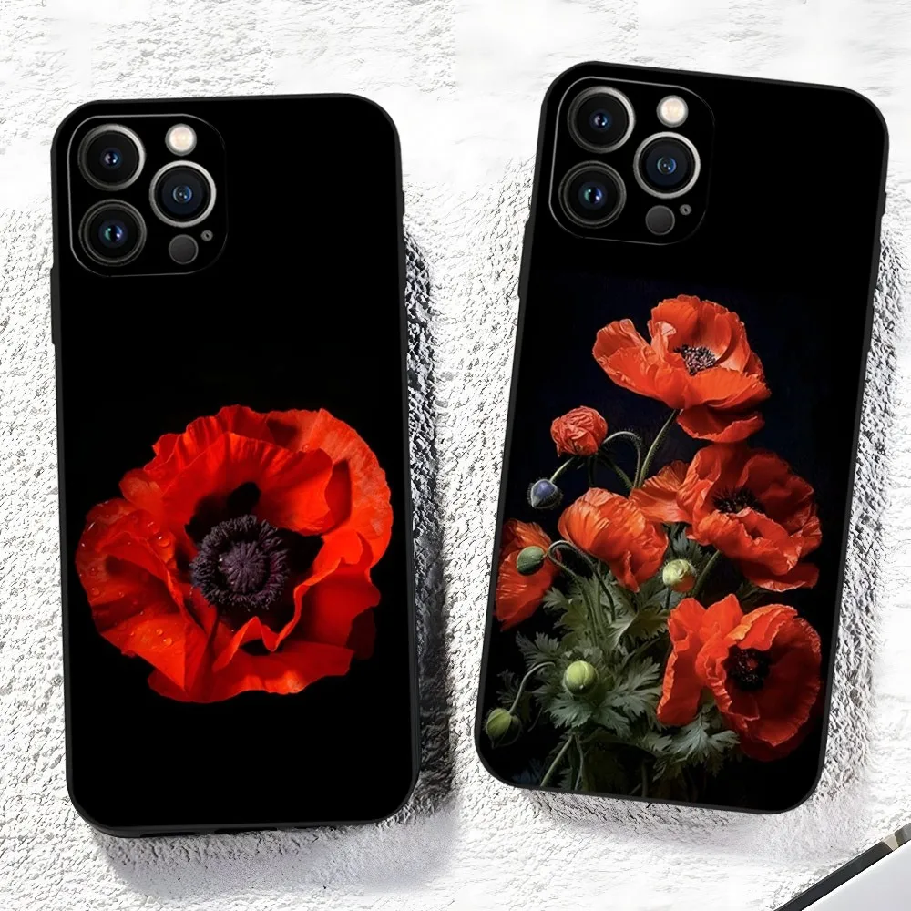 Poppy Flower Bloom Phone Case for Iphone 15 14 13 12 11 Pro Max Xr X Xs Mini 8 Plus SE 2022 Black Soft Silicone Cover