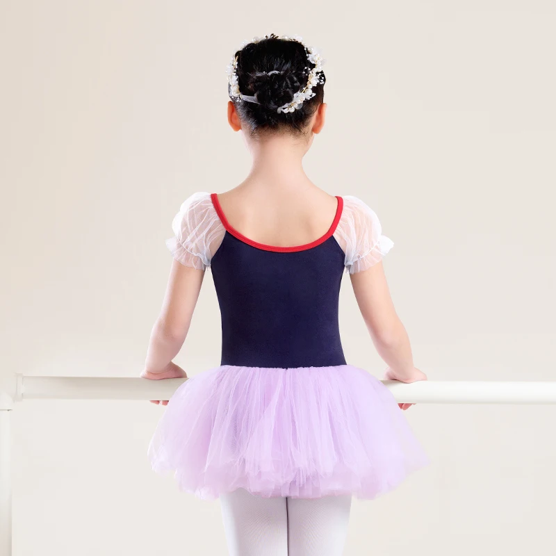 Girls Ballet Tutu Dress Puff Short Sleeve Girls Cotton Dance Gymnastics Ballet Skirt Korean Style Multiple Colors Splicing