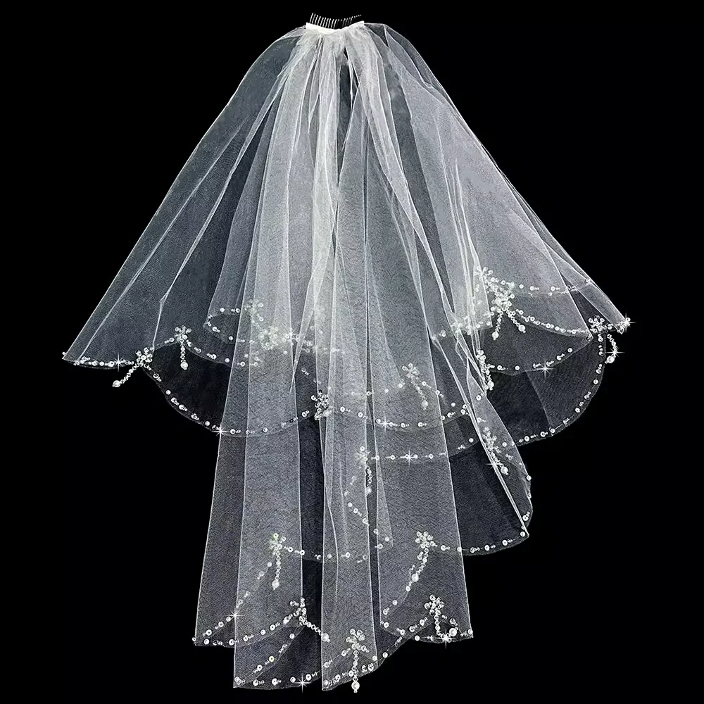 New bridal veil hand-sewn pearl beaded wedding headgear double layer with hair comb veil image 2