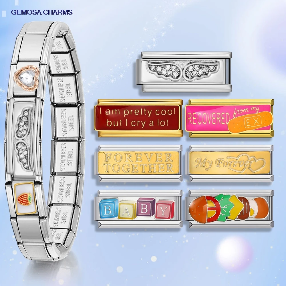 GEMOSA Creative Angel Wings Hamburger Heart Forever Italian Charm Link Fit 9mm Stainless Steel Bracelet Making DIY Jewelry Gifts