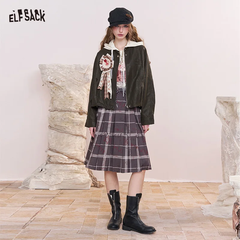 

ELFSACK 2025, осеннее новое поступление, уличная однотонная свободная кожаная куртка с коротким воротником-стойкой для женщин